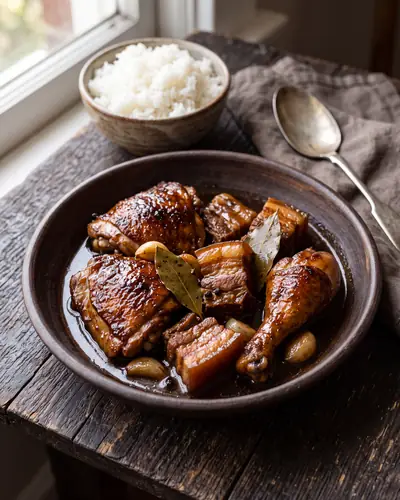 Chicken and pork adobo: bone-in chicken thighs and a drumstick together with thick cubes of layered pork belly in one shallow bowl, in a dark mahogany soy-and-vinegar sauce with whole soft garlic cloves and dried bay leaves, beside a bowl of steamed white rice.