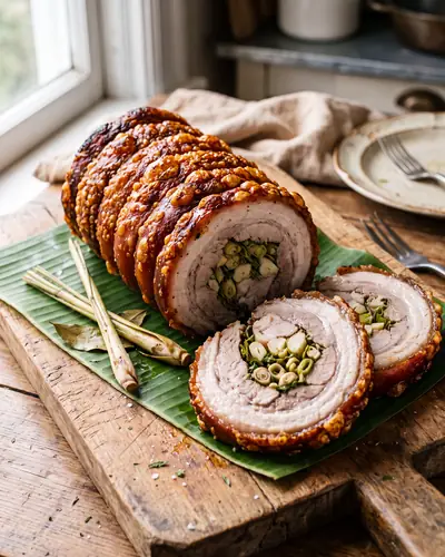 Cebu-style lechon liempo: a rolled pork belly with blistered, glass-hard golden crackling, cut into thick slices that show a spiral of pale meat, rendered fat and a lemongrass, garlic and scallion stuffing, resting on a banana leaf.