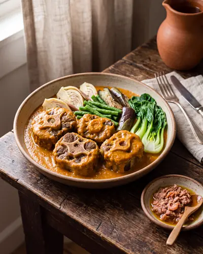 Kare-kare: thick round sections of oxtail with visible bone and marrow in a thick, matte orange-brown peanut sauce, with banana heart, long beans, sliced eggplant and bok choy laid over them, and a separate small bowl of sautéed bagoong alamang alongside.