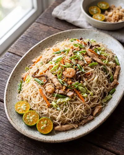 Pancit bihon: fine, pale, string-like rice vermicelli tossed with strips of chicken and pork, prawns, carrot matchsticks, sliced green beans, shredded cabbage, scallion and fried garlic on a wide oval platter, with halved calamansi showing orange flesh at the edge.