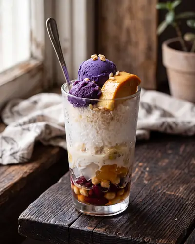 Halo-halo: a tall glass layered with sweetened beans, coconut gel, palm fruit and banana at the base under packed shaved ice soaked in evaporated milk, topped with a mound of deep violet ube halaya, a golden slice of leche flan and one scoop of ube ice cream, scattered with pinipig.