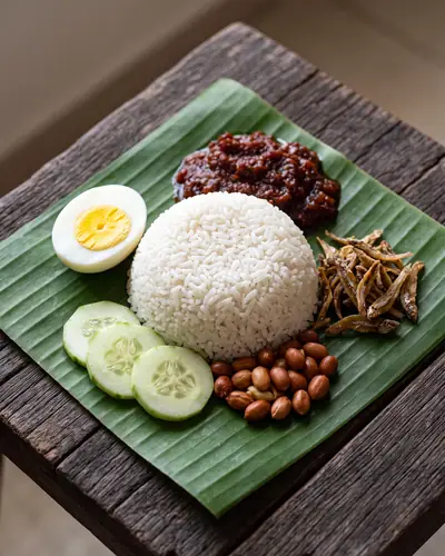 Nasi lemak: a domed mound of plain white coconut rice on a banana leaf with a separate mound of dark red sambal, a heap of crisp fried anchovies, roasted peanuts, cucumber slices and one halved hard-boiled egg, with no other protein.