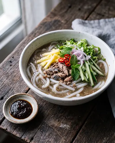 Penang asam laksa: a thin, cloudy grey-brown sour fish broth with thick round white rice noodles, topped with raw flaked mackerel, pineapple batons, cucumber matchsticks, sliced red onion, red chilli and mint, with a separate small saucer of thick near-black prawn paste alongside.