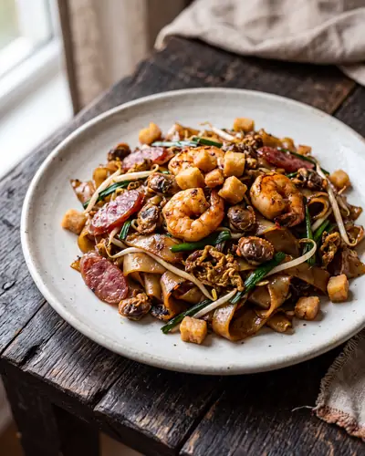 Char kway teow: broad flat rice-ribbon noodles fried dark with charred edges, tossed with prawns, cockles, sliced Chinese sausage (lap cheong), egg, bean sprouts and garlic chives, and scattered with crisp cubes of fried pork lard.