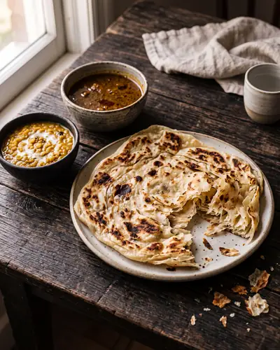 Roti canai: a flat, layered, blistered golden flatbread torn open to show its flaky layers, with two separate small bowls beside it — one of yellow dhal and one of thin brown curry gravy.