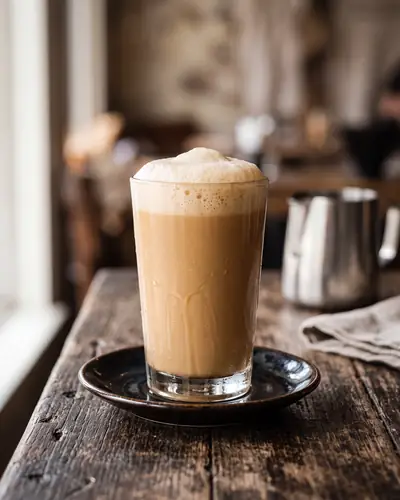Teh tarik: a tall clear glass of pale tan milk tea, faintly layered in colour, topped with a thick head of pale foam, on a saucer with an empty pouring mug behind.