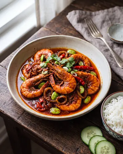 Sambal udang: shell-on prawns with bright orange-red shells in a thick dark brick-red cooked chilli sambal with separated red oil, softened onion rings and green petai beans, garnished with coriander and sliced scallion, beside steamed rice.