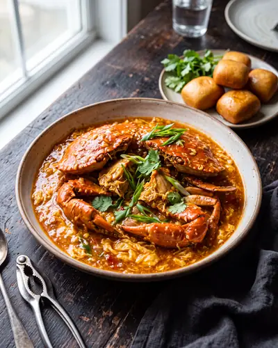 Chilli crab: cut pieces of mud crab with cracked claws in a thick, glossy orange-red tomato-and-chilli sauce with soft ribbons of egg through it and sliced scallion, with fried golden mantou buns alongside.