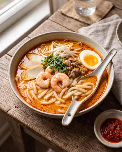 Katong laksa: an opaque orange coconut curry laksa gravy with short-cut thick round rice noodles, prawns, sliced fish cake, cockles, bean sprouts, half a boiled egg and torn laksa leaf, served with a Chinese soup spoon and no chopsticks.