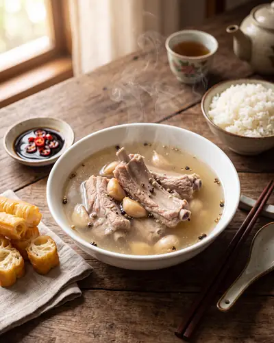 Bak kut teh: meaty pork ribs in a clear, pale-gold peppery broth with whole soft garlic cloves and floating peppercorns, with steamed rice, a saucer of dark soy with sliced chilli and fried dough sticks alongside.