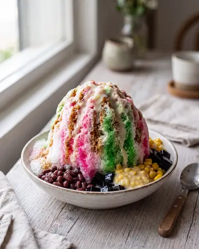 Ice kacang: a dome of finely shaved ice in a shallow bowl, streaked with pink and green syrup and poured with evaporated milk, over hidden red beans, dark grass-jelly cubes, sweet corn and creamed corn peeking out at the base.
