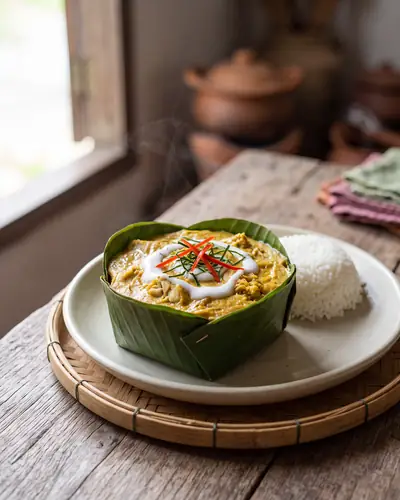 Fish amok: a set, mousse-like, warm-yellow coconut-and-kroeung fish custard, with visible pieces of white fish, in a compact folded banana-leaf cup, topped with coconut cream, red chilli slivers and shredded makrut lime leaf, with steamed jasmine rice alongside.