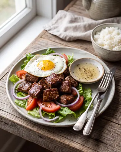 Beef lok lak: cubes of seared, caramelised beef on a bed of lettuce, tomato and red onion with one fried egg on top, a separate small bowl of pale lime-and-black-pepper tuk meric dip, and steamed rice alongside.