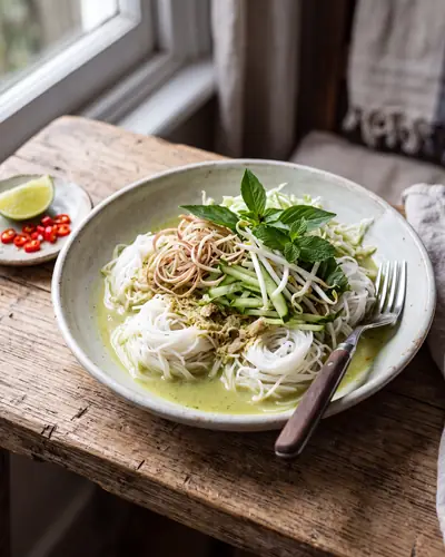 Nom banh chok: nests of fine white fresh rice noodles under a thin, pale-green herbal Khmer fish gravy, piled with raw cucumber, shredded cabbage, bean sprouts and fresh herbs; a few darker noodle-like strands sit among the raw vegetables, distinct from the fine white rice noodles beneath, with lime and sliced chilli on the side.
