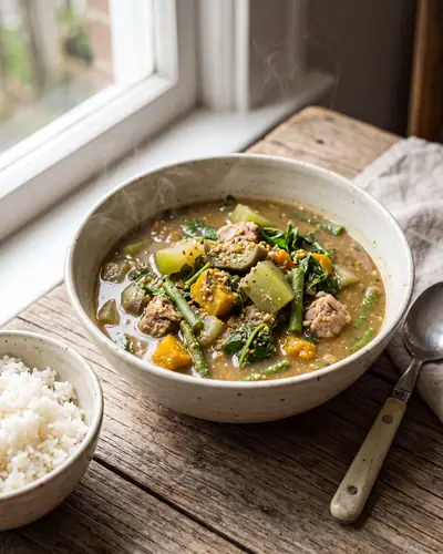 Samlor korko: a rustic, thick vegetable stew in an earthy, toasted-rice-thickened broth, chunky with squash, green papaya, long beans, greens and pieces of pork, with steamed rice alongside.