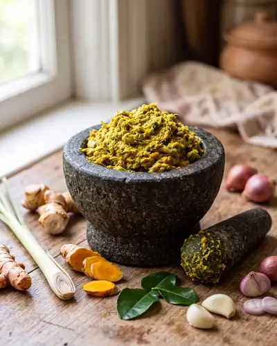 Kroeung: a stone mortar of fresh, moist, fibrous yellow pounded lemongrass-and-turmeric paste with a stone pestle, and raw lemongrass, galangal, turmeric, makrut lime leaves, garlic and shallots arranged beside it.