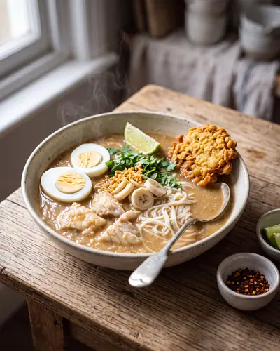 Mohinga: a bowl of thin round rice noodles in a cloudy tan-brown fish broth with flaked white fish, sliced boiled egg, a crisp golden split-pea fritter, tender banana-stem rings and coriander, with a lime wedge and chilli flakes alongside.