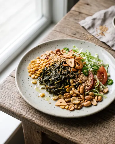 Lahpet thoke: a plate of dark, moist fermented tea leaves ringed by fried yellow split peas, fried broad beans, roasted peanuts, toasted sesame, crisp fried garlic and a little dried shrimp, with shredded cabbage, tomato wedges and sliced green chilli.