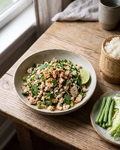 Laap: a plate of finely minced cooked chicken tossed with mint, coriander, scallion and sliced shallot, flecked with pale toasted ground rice and dried chilli, with a lime wedge, a basket of sticky rice and a plate of raw long beans and cabbage alongside.