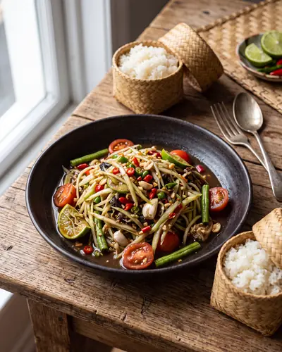 Tam mak hoong: a pounded green-papaya salad of shredded unripe papaya with halved cherry tomatoes, cut long beans and sliced chilli in a dark, savoury padaek-and-lime dressing, in a deep bowl with baskets of sticky rice alongside.