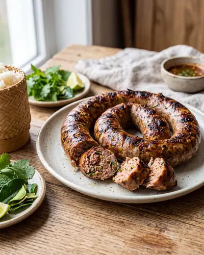 Sai oua: a coiled, grilled pork sausage with a browned, herb-flecked casing, several slices cut to show a coarse interior studded with lemongrass, herbs and chilli, with a basket of sticky rice, fresh herbs and a dipping sauce alongside.