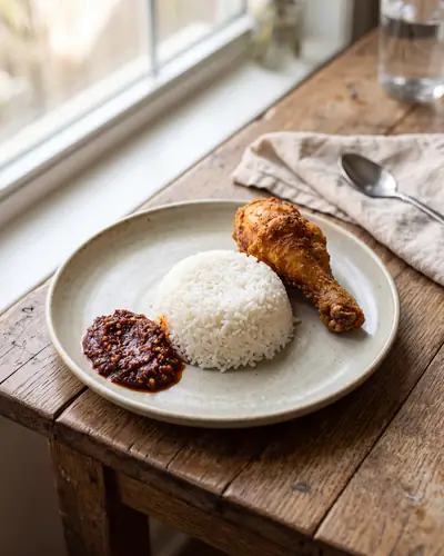 Nasi katok: a simple plate of plain steamed white rice with one piece of golden fried chicken and a spoonful of dark red chilli sambal.