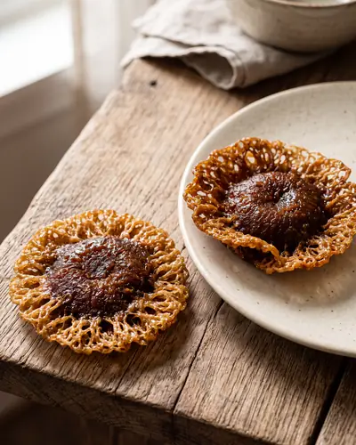 Kuih penyaram: two deep-fried palm-sugar cakes with dense, chewy amber-brown centres and thin, lacy, crisp frilled edges, on a plate and a wood surface.