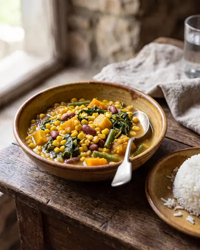 Batar da'an: a rustic stew of corn kernels, chunks of orange pumpkin and red and green beans in a light broth, scattered with greens, in a rough ceramic bowl on a wood surface.